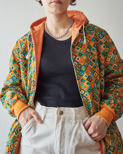【SIZE S】70s Reversible Cotton Op-Art Geometric Print Ski Parka / Orange Multi