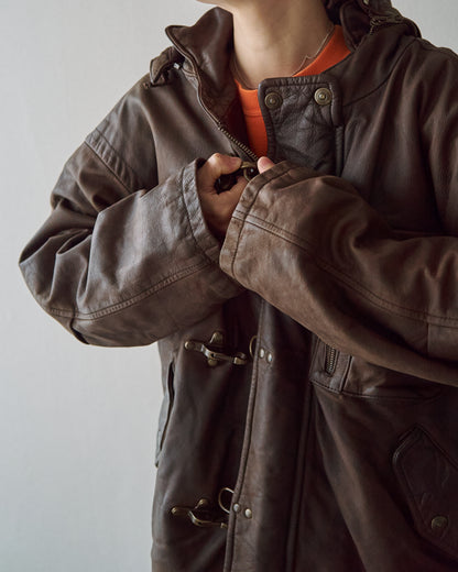 【SIZE S-M】80s Italian Leather Fireman  Hooded Jacket / Brown