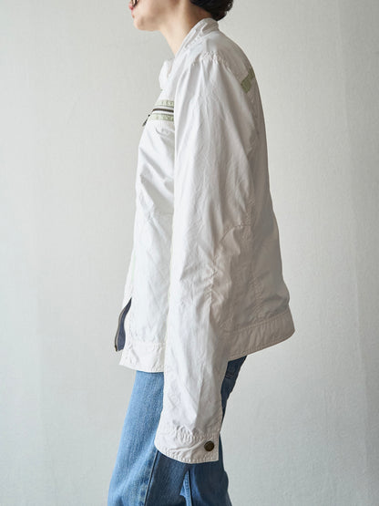 【SIZE M】2000s ARMANI JEANS PU-Coated Racing Stripe Moto Jacket / Ivory Sage Line