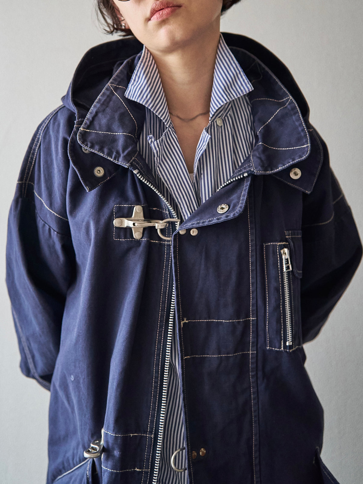 【SIZE L】OXER Cotton Detachable Hood Fireman-Hook  Coat / Navy