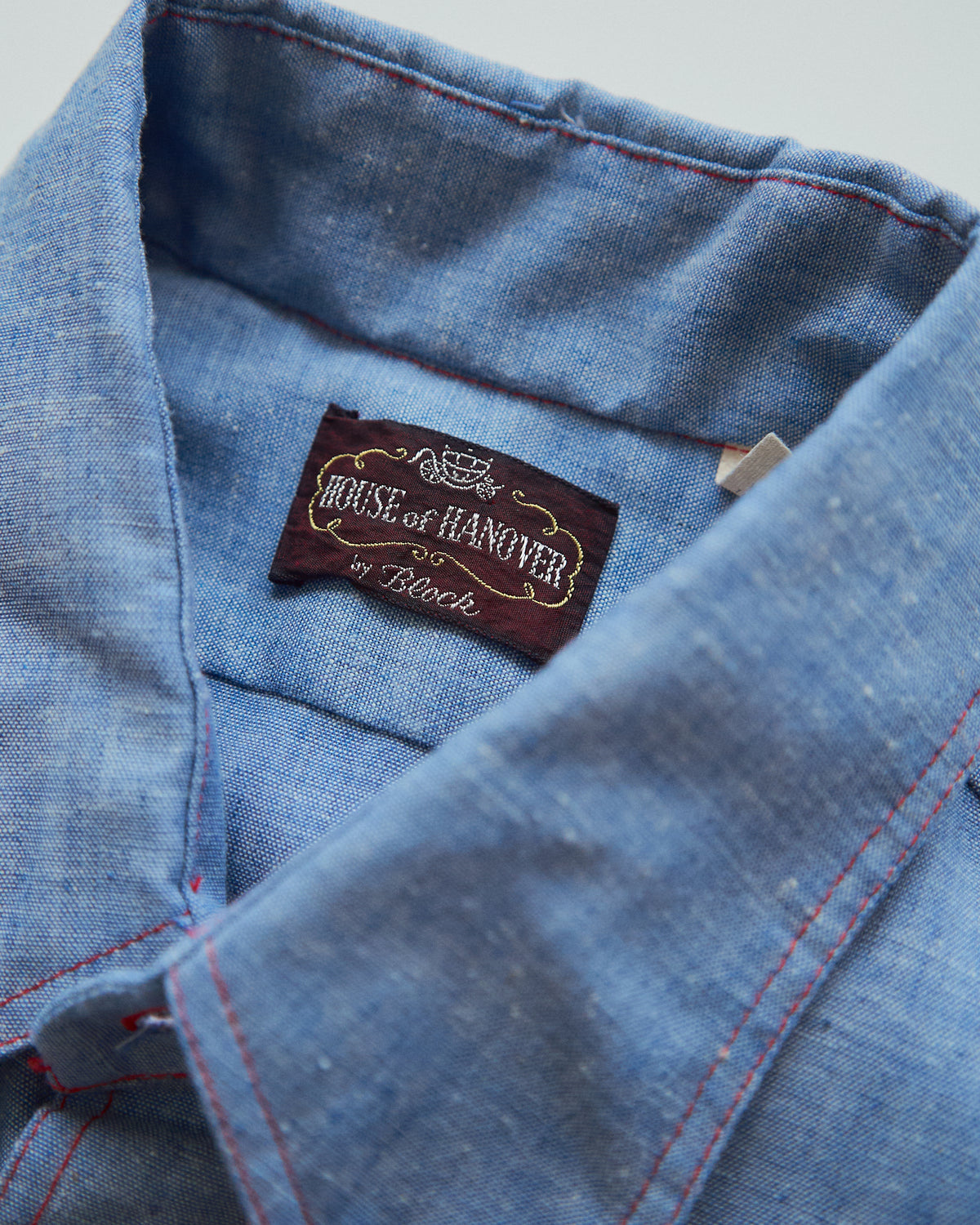 【SIZE M-L】70-80s HOUSE OF HANOVER Contrast-Stitch Poly-Cotton Western Chambray Shirt / Blue