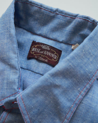 【SIZE M-L】70-80s HOUSE OF HANOVER Contrast-Stitch Poly-Cotton Western Chambray Shirt / Blue