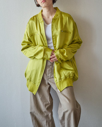 【SIZE S-M】2010s CHICO'S DESIGN Silk Satin MA-1 Bomber / Chartreuse Yellow
