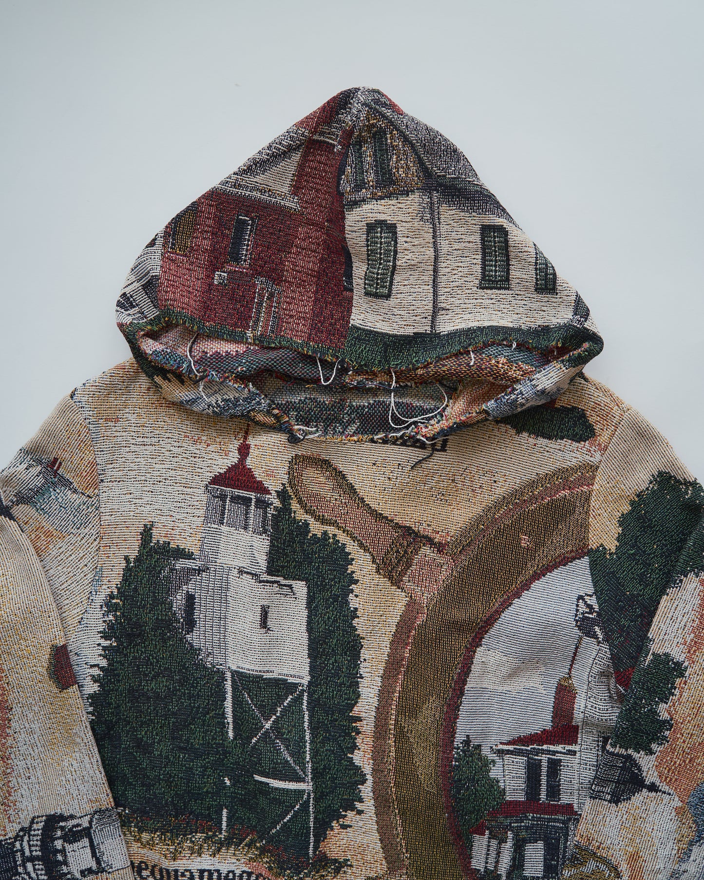 Lighthouse Jacquard Tapestry Remake Hoodie / Fringe Trim Multi