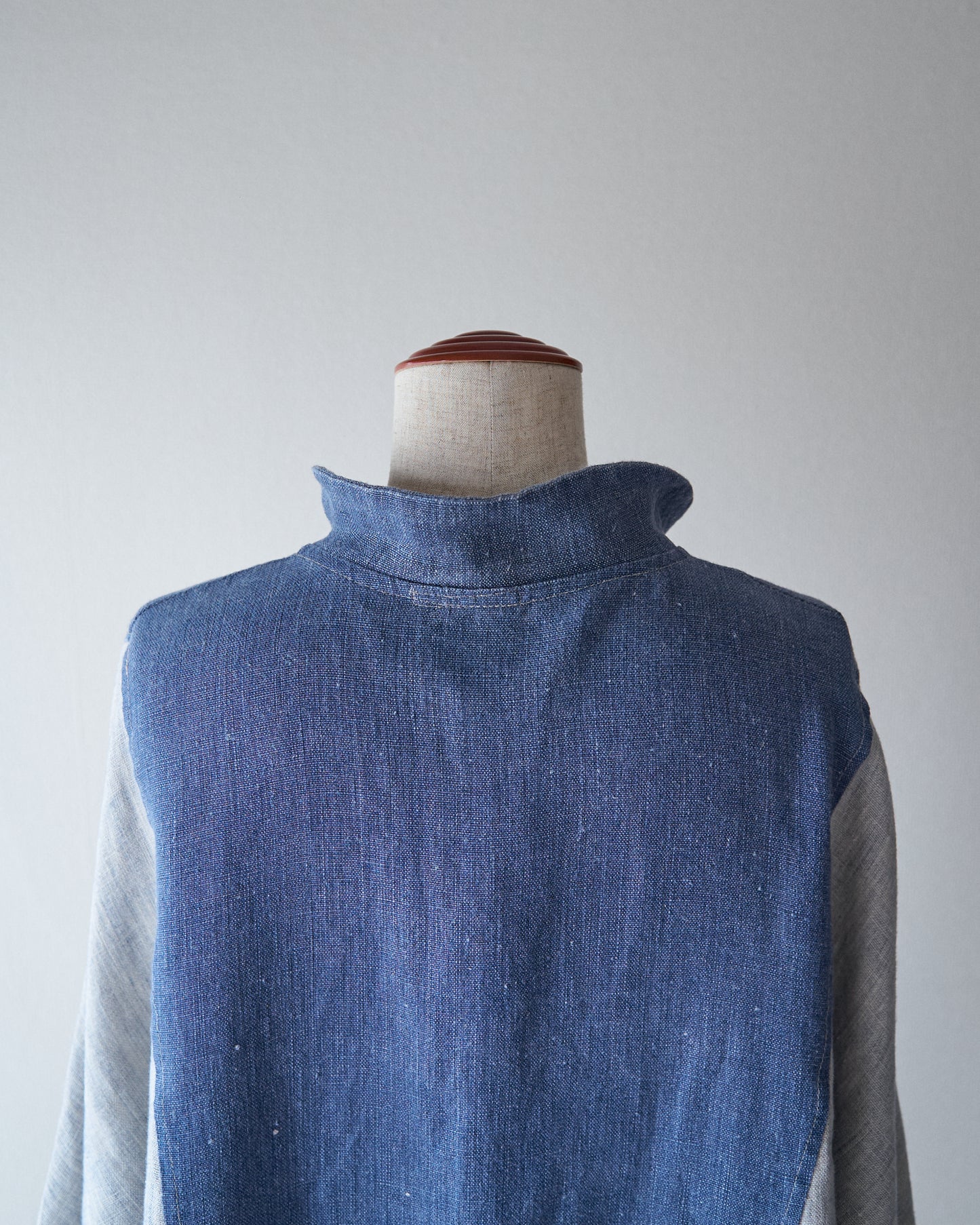80-90s Circular Pocket Switching Linen Jacket / Blue × Gray