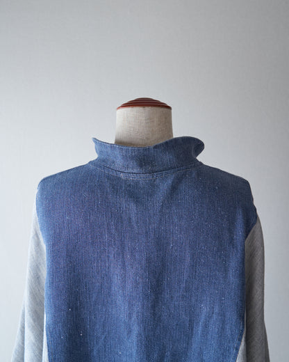【Size S】80-90s Circular Pocket Switching Linen Jacket / Blue × Gray
