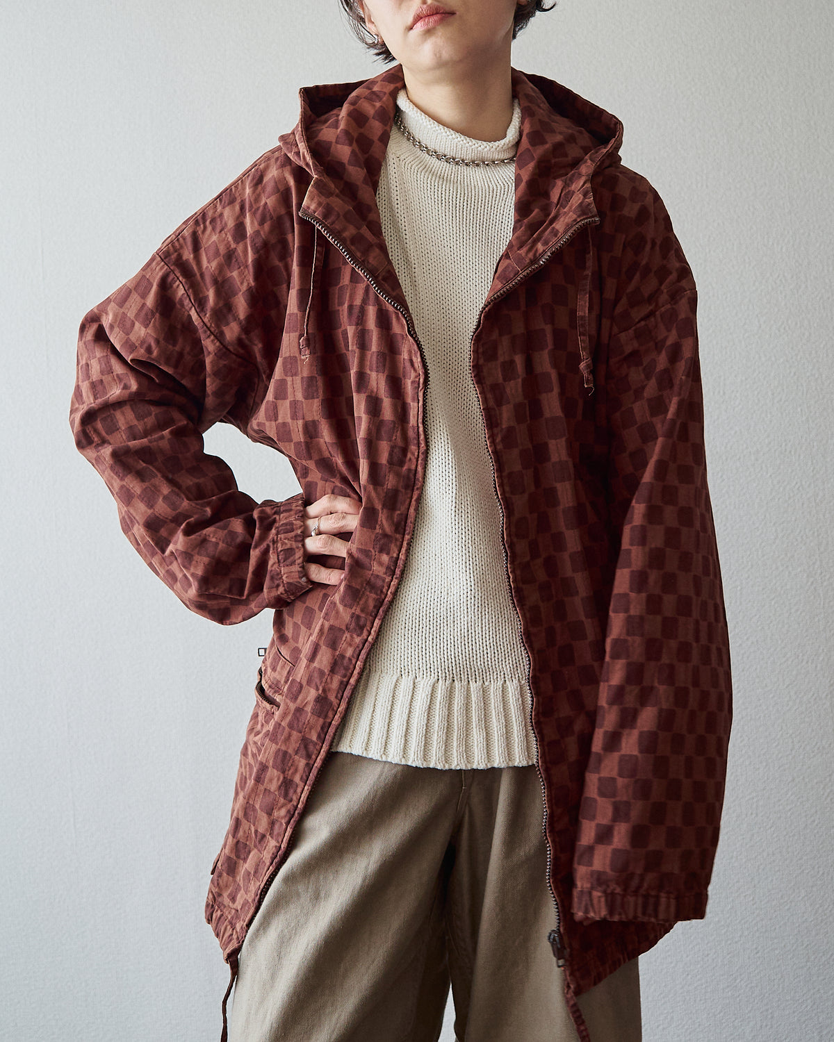 【M-L】90s MARIMEKKO Cotton Checkerboard Print Hooded Parka / Brown