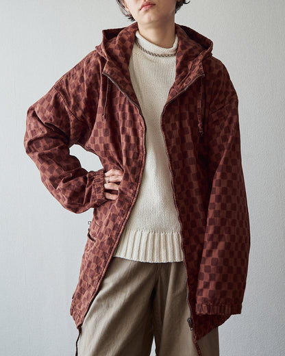【M-L】90s MARIMEKKO Cotton Checkerboard Print Hooded Parka / Brown