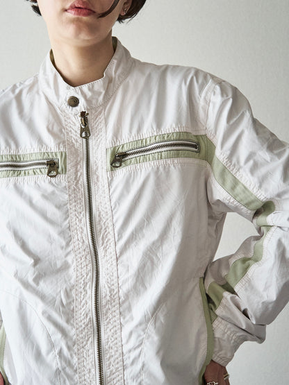 【SIZE M】2000s ARMANI JEANS PU-Coated Racing Stripe Moto Jacket / Ivory Sage Line
