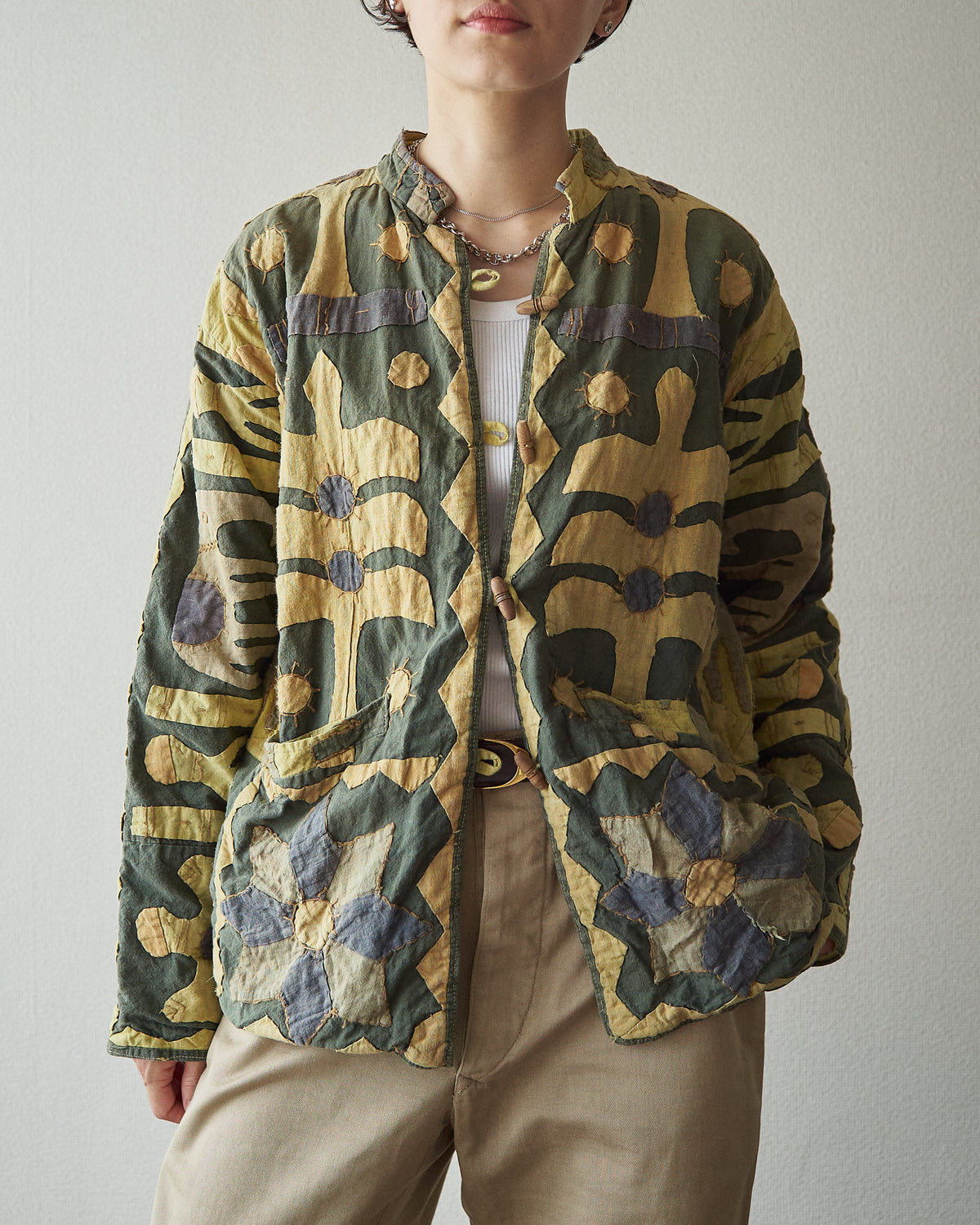 【SIZE S】Unknown Cotton Applique Patchwork Jacket / Olive & Mustard