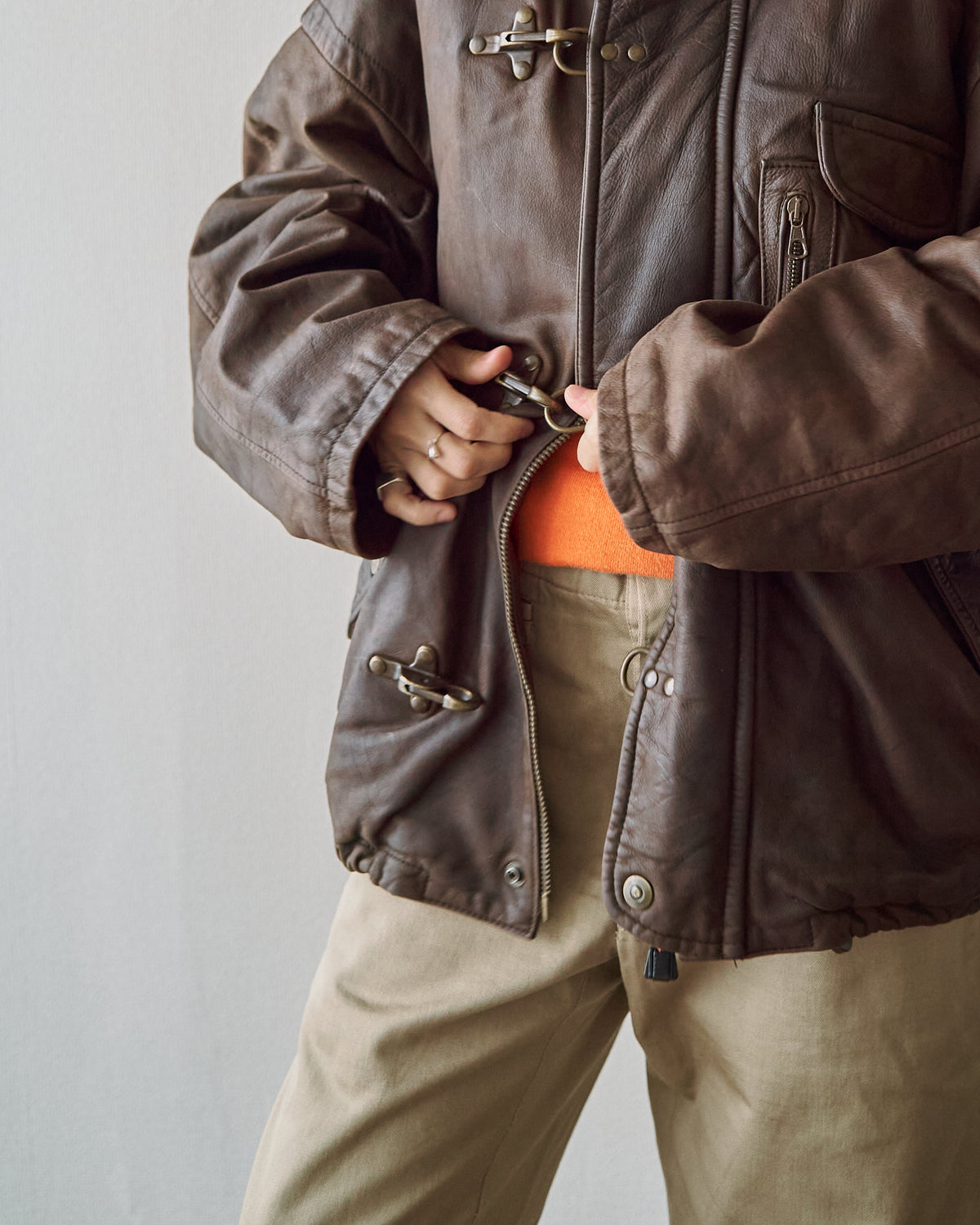 【SIZE S-M】80s Italian Leather Fireman  Hooded Jacket / Brown