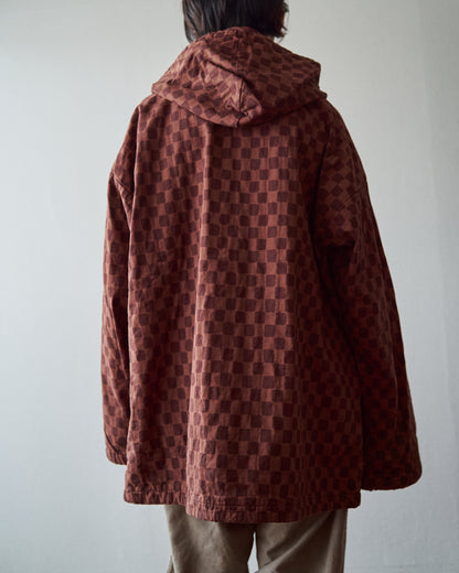 【M-L】90s MARIMEKKO Cotton Checkerboard Print Hooded Parka / Brown