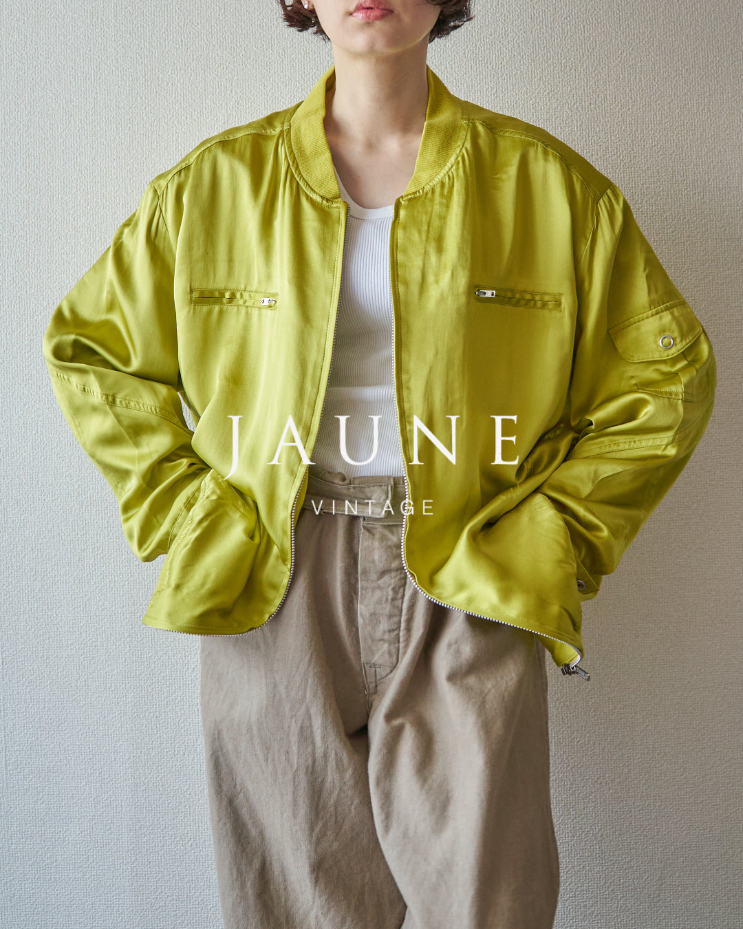 【SIZE S-M】2010s CHICO'S DESIGN Silk Satin MA-1 Bomber / Chartreuse Yellow