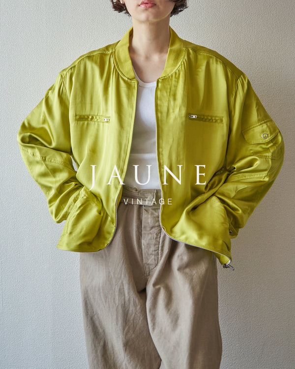【SIZE S-M】2010s CHICO'S DESIGN Silk Satin MA-1 Bomber / Chartreuse Yellow
