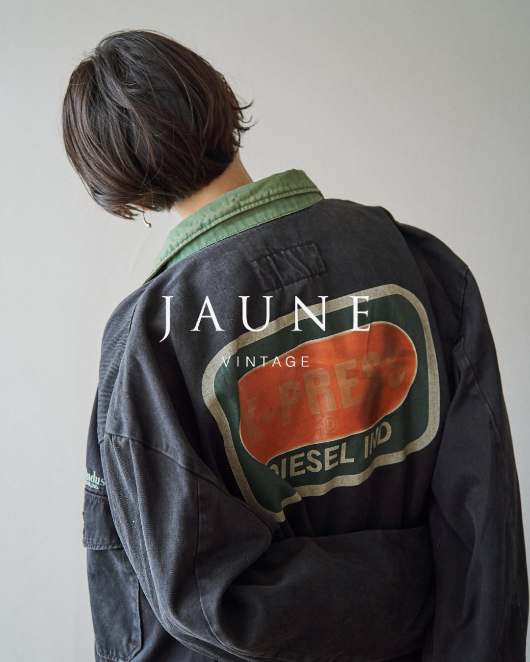 【SIZE L】90s DIESEL Industry Cotton Twill Contrast Collar Work Jacket / Black x Moss Green