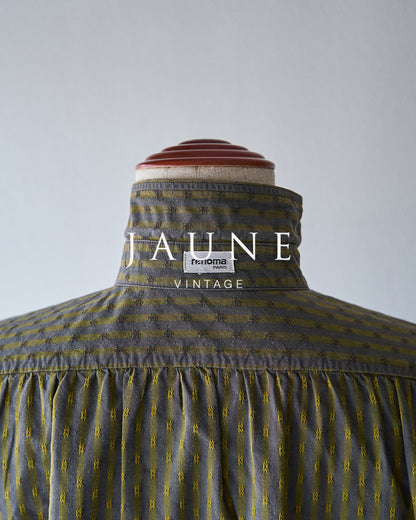 【Size S-M】80-90s RENOMA PARIS Cotton Dobby-Striped Balloon Sleeve Shirt / Mustard Grey × Charcoal