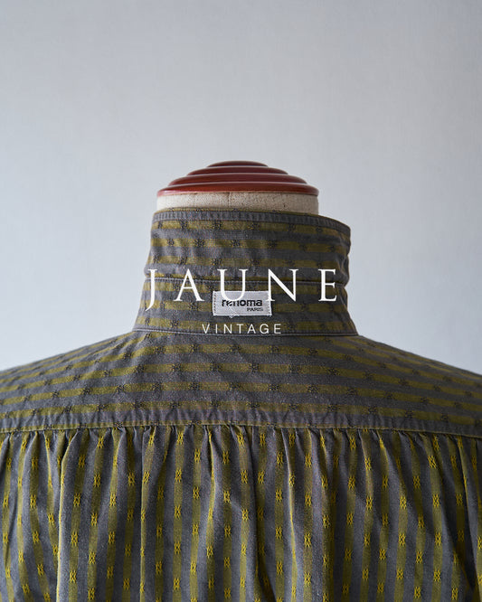 【Size S-M】80-90s RENOMA PARIS Cotton Dobby-Striped Balloon Sleeve Shirt / Mustard Grey × Charcoal