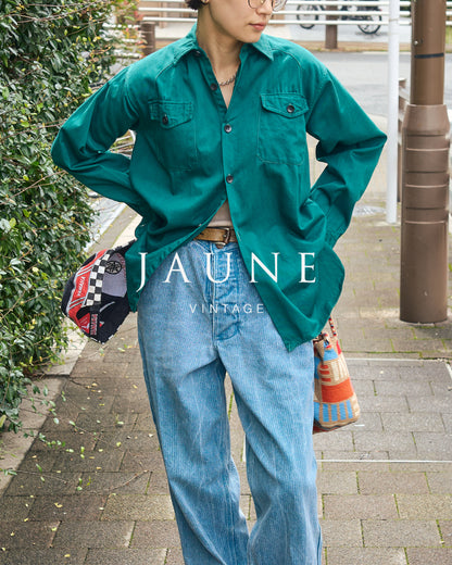 【SIZE S】1950-60s French Cotton Twill Back-Button Work Shirt / Deep Teal