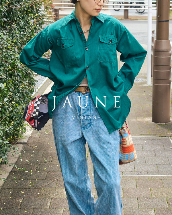 【SIZE S】1950-60s French Cotton Twill Back-Button Work Shirt / Deep Teal